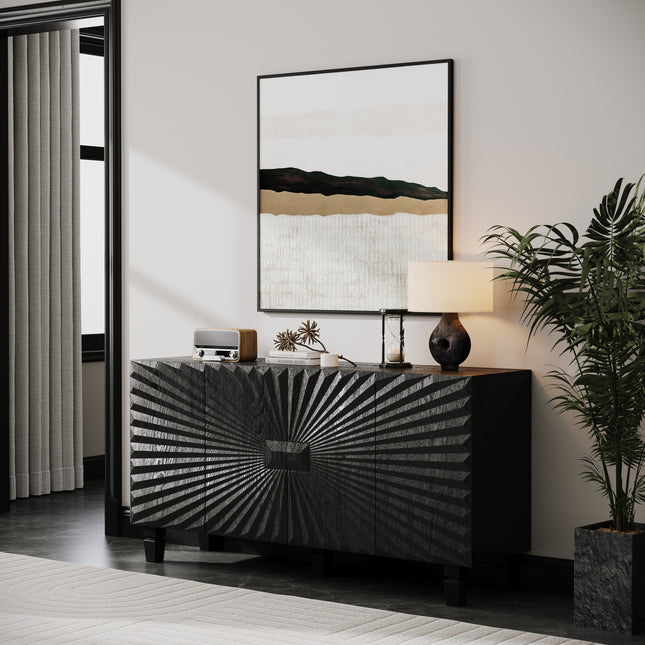 59'' Modern Buffet Sideboard with 4 Sunburst Doors,Credenza Storage Cabinet with Solid Wood Legs,Large Storage Cabinet for Kitchen Dining Living Room Entryway (Black)
