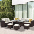 7 Piece Outdoor Wicker Patio Furniture Set, Rattan Sofa and Chairs with Coffee Table and Ottomans, Iron Frame, Brown Rattan, Beige Cushions, All-Weather