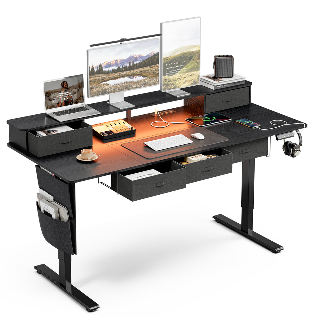 71x32' Sit-Stand Desk w/ 5 Drawers, Power Hub, LED Lights, Monitor Shelf & Cable Mgt, 28.3-47.2' Adj, Black