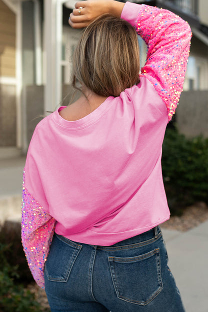 Wholesale Pink Sequined Heart Graphic Splicing Sleeve Plus Size Sweatshirt - Eloy Royal