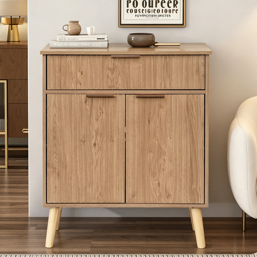Kitchen Storage Cabinet, Adjustable Shelves , Storage with 1 Drawers and 2 Doors, Cabinet with Solid Wood Feet,Floor Sideboard Buffet for Living Room, Living Room, Kitchen, Entryway,(Natural Color)