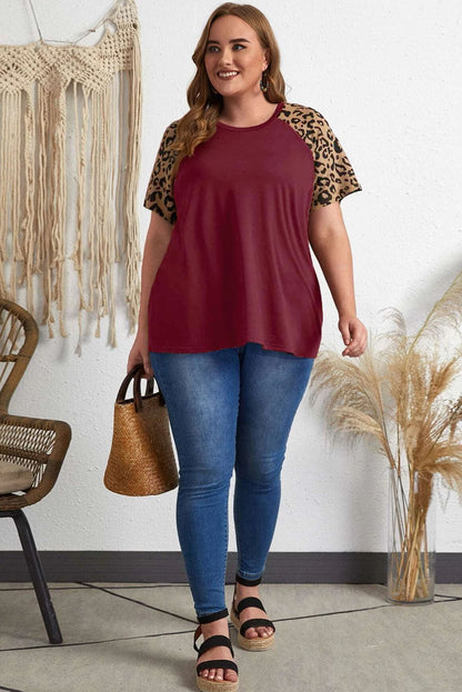 Burgundy Contrast Leopard Raglan Sleeve Plus Size T-shirt - Eloy Royal