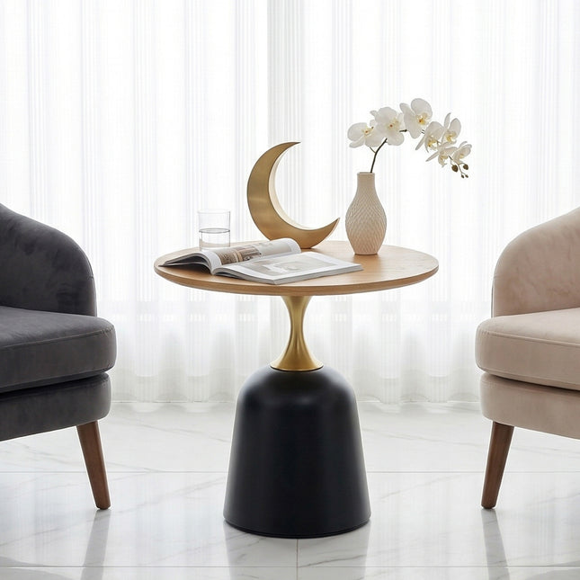 23.6 inch circular side table coffee table, metal base living room table,wood grain simple modern decoration, unique circular sofa headboard office desk.