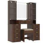 43.5' Fluted Makeup Vanity Desk with Mirror and Lights, Modern Glass Top Vanity Table with 10 Drawers & 2 Transparent Glass Cabinets, Dressing Table Set with Stool and Charging Station, Brown - Eloy Royal