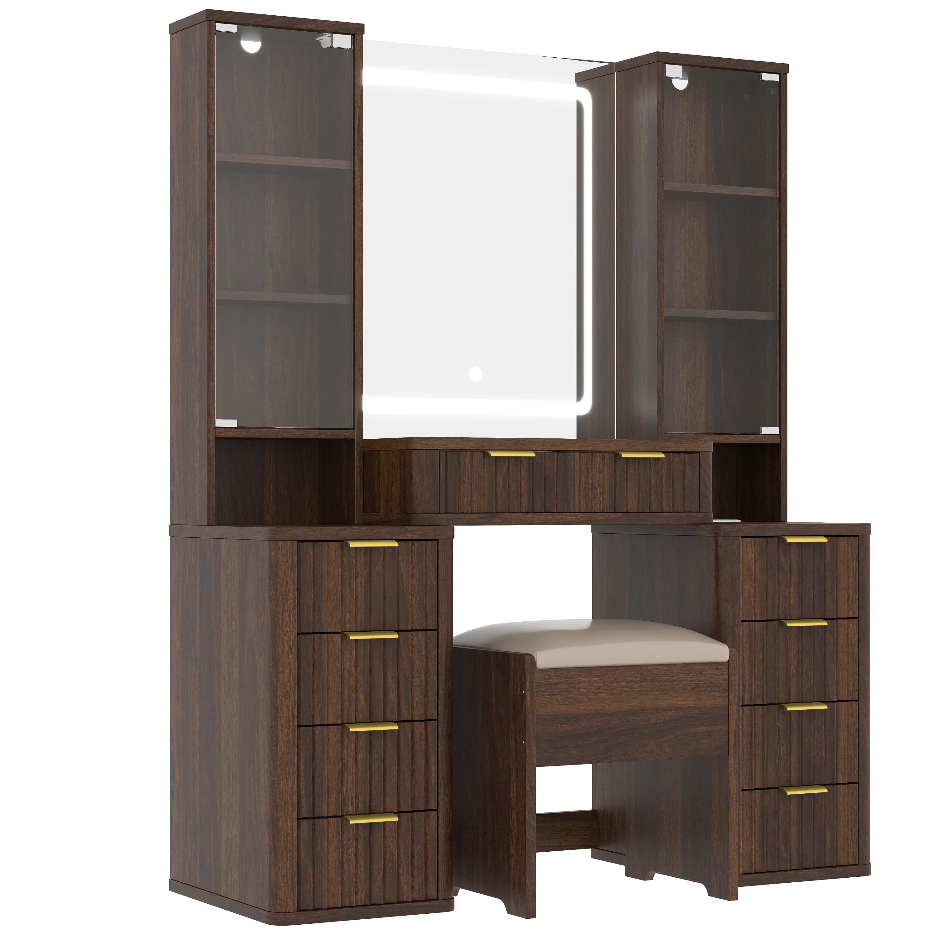 43.5' Fluted Makeup Vanity Desk with Mirror and Lights, Modern Glass Top Vanity Table with 10 Drawers & 2 Transparent Glass Cabinets, Dressing Table Set with Stool and Charging Station, Brown - Eloy Royal