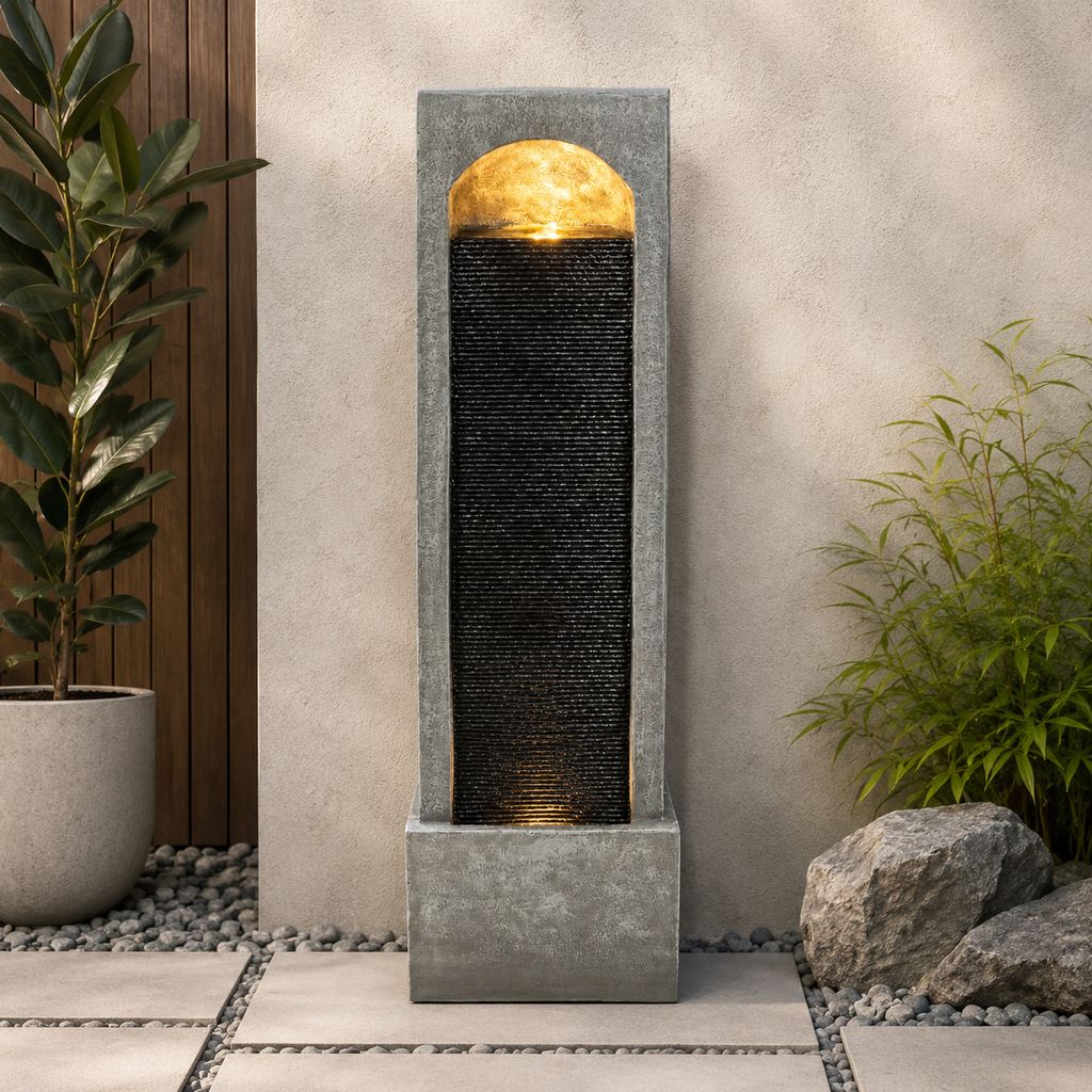 Modern Tall Outdoor Water Fountain, 39' Vertical Cascading Waterfall Feature with Pump, Weatherproof Resin Floor Fountain for Garden, Patio, Backyard, Porch, Entryway Decor, Dark Gray