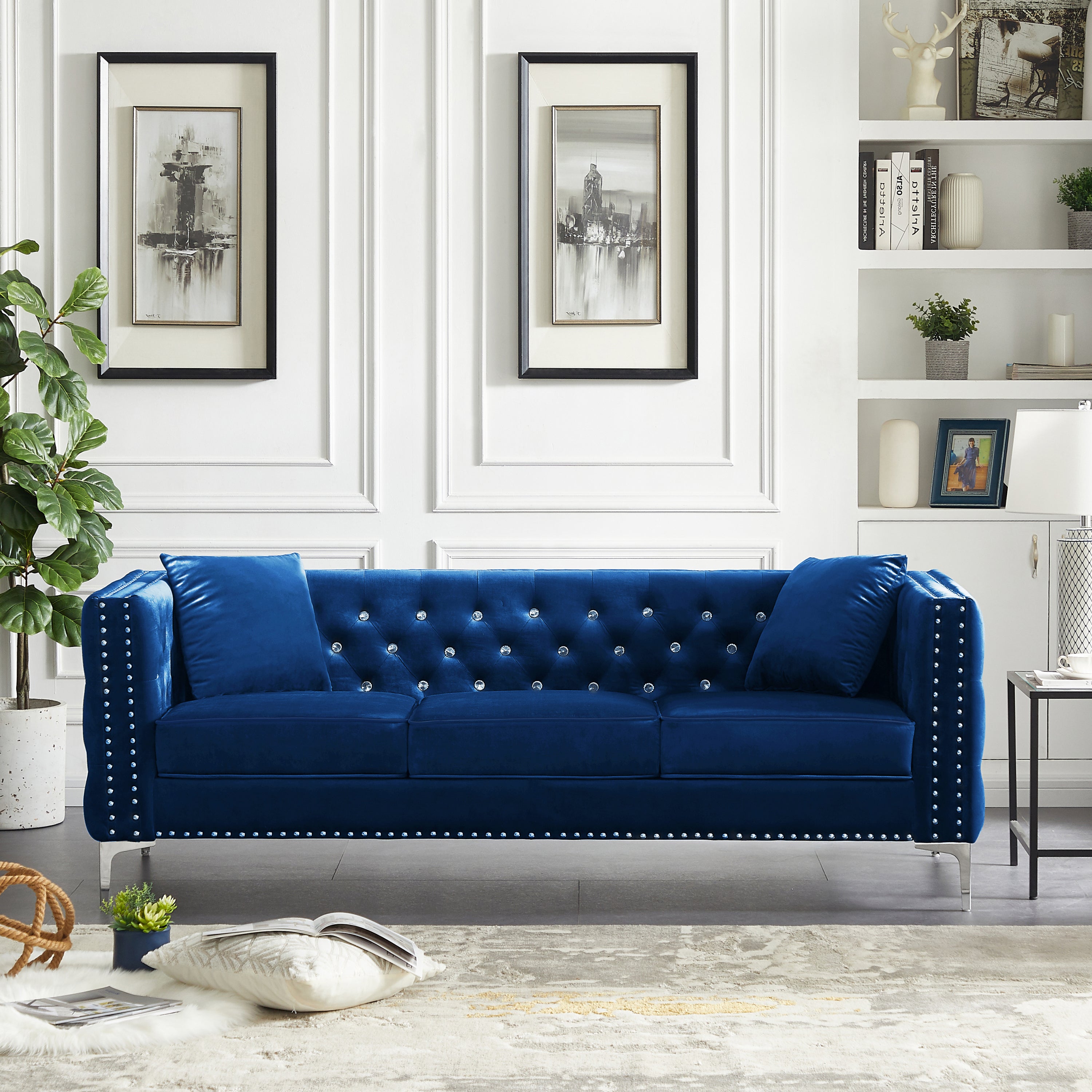 82.3' Width Modern Velvet Sofa Jeweled Buttons Tufted Square Arm Couch Blue,2 Pillows Included