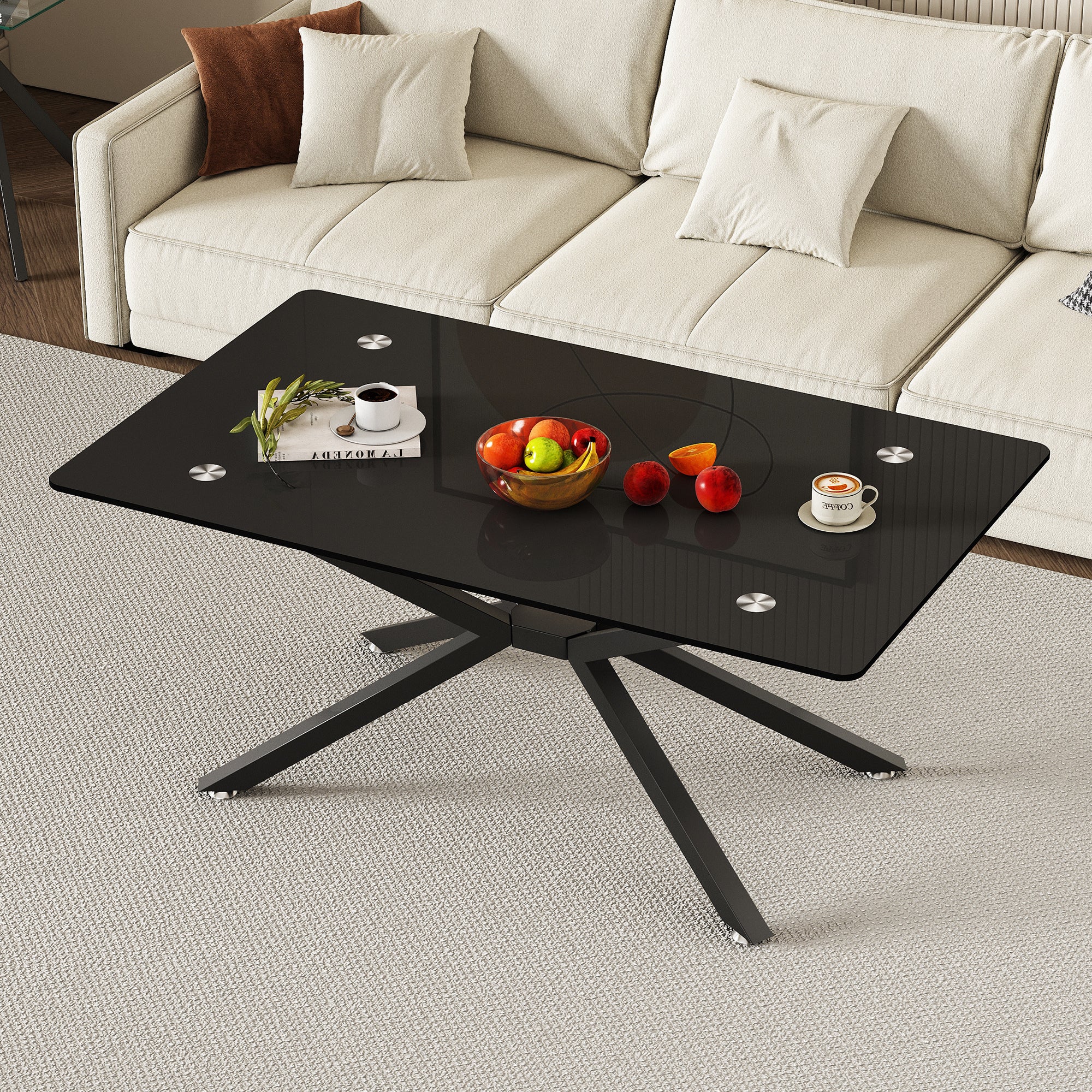 39.37' Rectangle Black Glass Coffee Table,Stylish Design with  Black Metal Legs, Coffee Table for Living Room