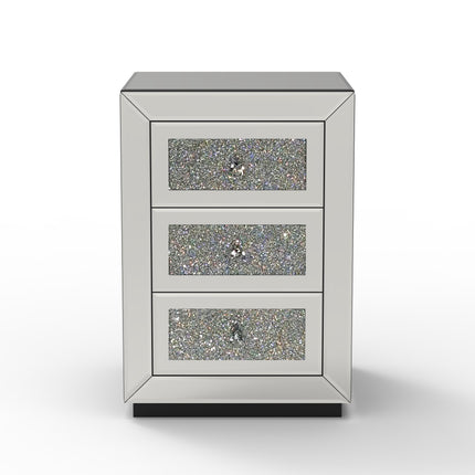 Silver 3-Drawer Mirrored Nightstand with Glass Accents, Modern Bedside Table for Bedroom or Living Room