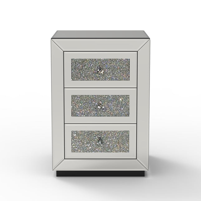 Silver 3-Drawer Mirrored Nightstand with Glass Accents, Modern Bedside Table for Bedroom or Living Room