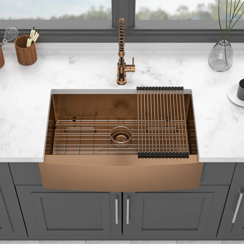 36 Inch Rose Gold Farmhouse Sink with Apron Front - Stainless Steel 16 Gauge Kitchen Sink in Rose Gold Finish - Eloy Royal