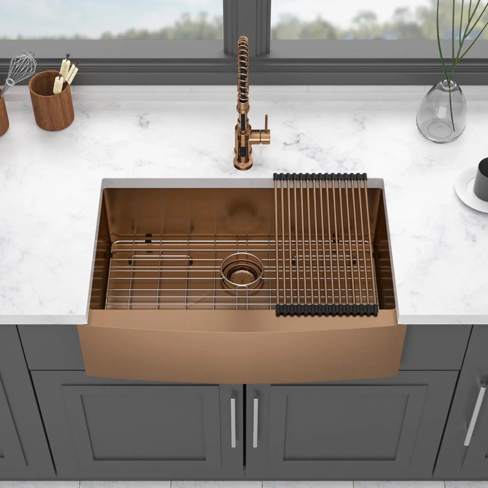 36 Inch Rose Gold Farmhouse Sink with Apron Front - Stainless Steel 16 Gauge Kitchen Sink in Rose Gold Finish - Eloy Royal
