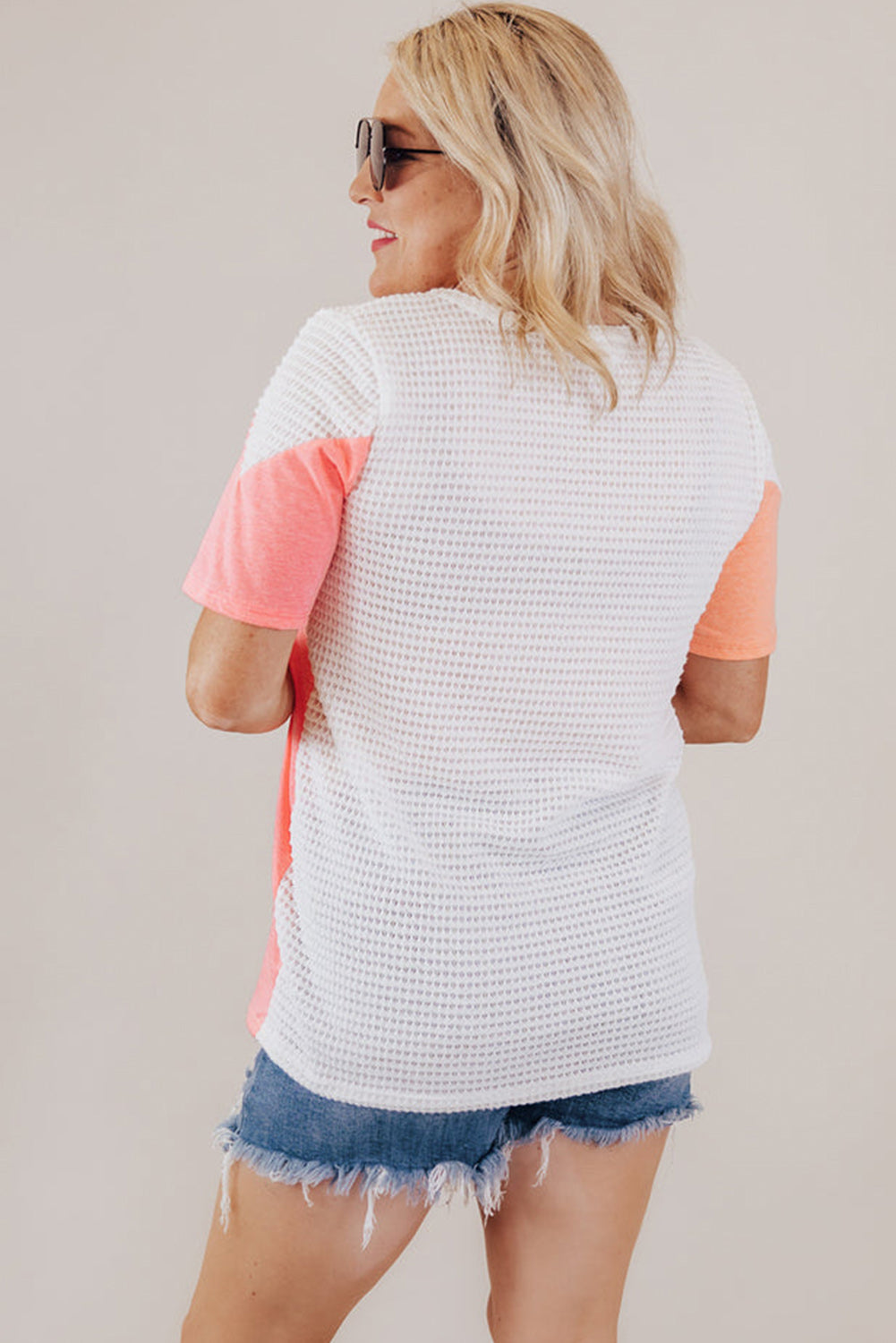 White Plus Size Waffle Patchwork Colorblock Knit Tee - Eloy Royal