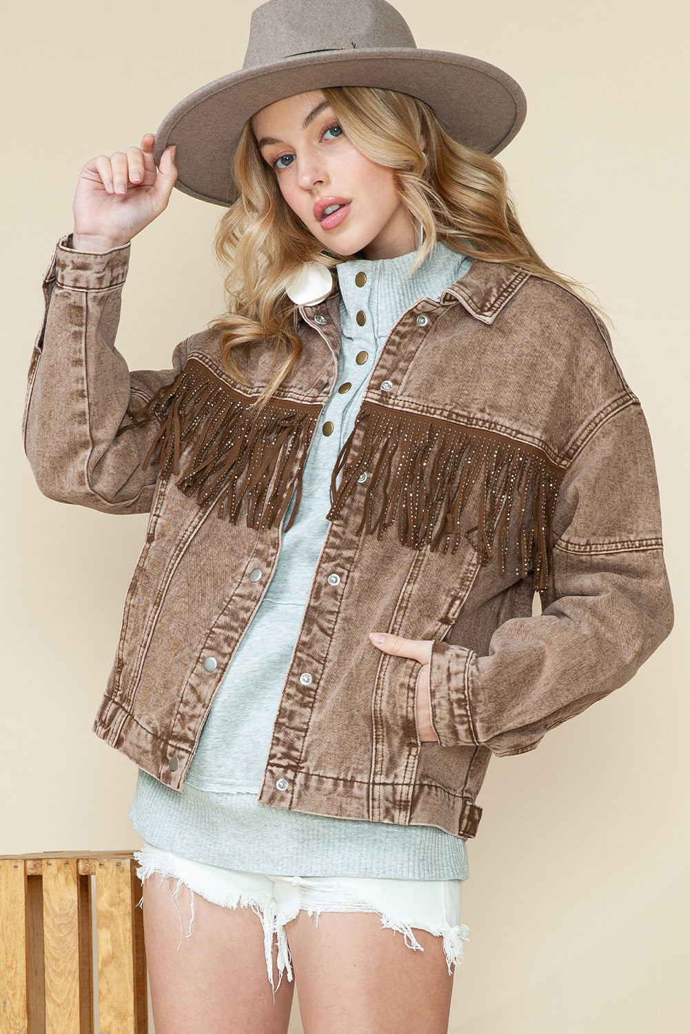 Wholesale Brown Rhinestone Fringe Vintage Denim Jacket - Eloy Royal