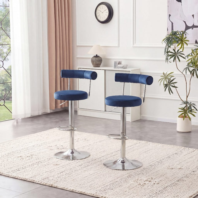 Soft Velvet Upholstered Swivel Adjustable Bar Chair with Chrome Silver Legs - Dining Room Living Room Bar Cafe Reception Desk Bar Stool(Dark Blue, Set of 2)