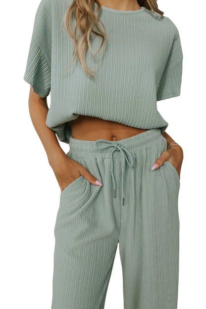 Moonlight Jade Textured Drop Sleeve Tee and Drawstring Pants Set - Eloy Royal