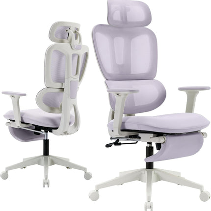 Ergonomic Office Chair with Footrest, High-back Computer Chair with Dynamic Lumbar Support, 2D Headrest & 4D Armrests, Sponge Cushion & Mesh Back, Home Office Chair for Adults, Purple.