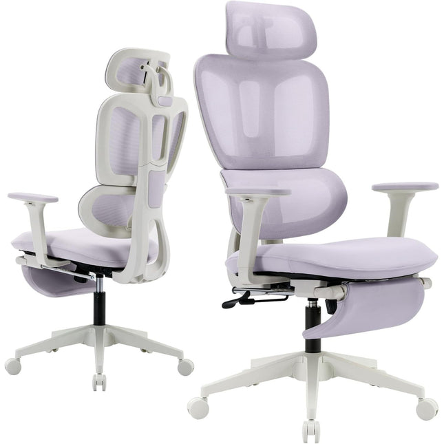 Ergonomic Office Chair with Footrest, High-back Computer Chair with Dynamic Lumbar Support, 2D Headrest & 4D Armrests, Sponge Cushion & Mesh Back, Home Office Chair for Adults, Purple.