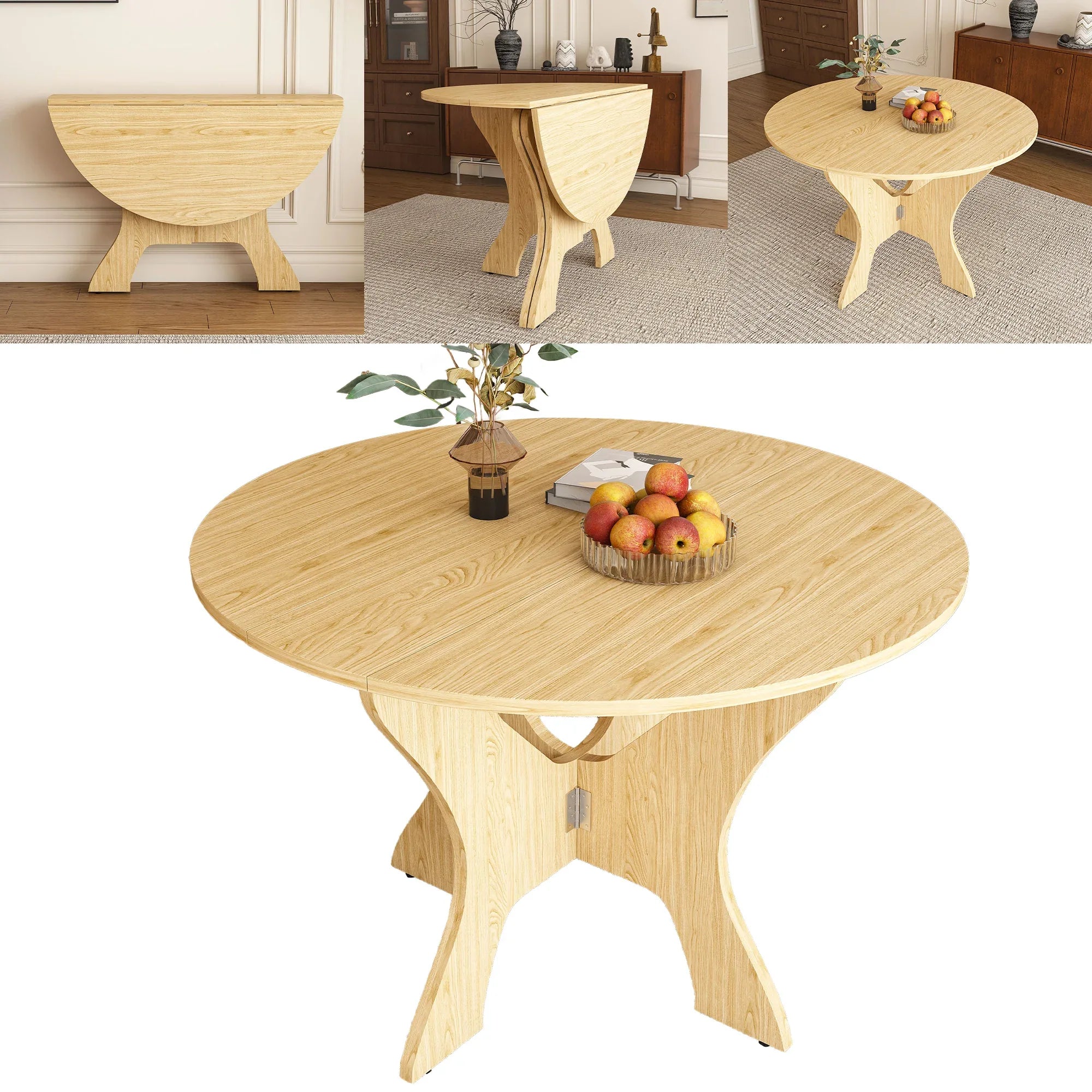 43 in Folding Dining Table for Small Spaces, MDF Table with Wild Oak Veneer, Space Saving Foldable Kitchen Table for Indoor and Outdoor Use - Eloy Royal