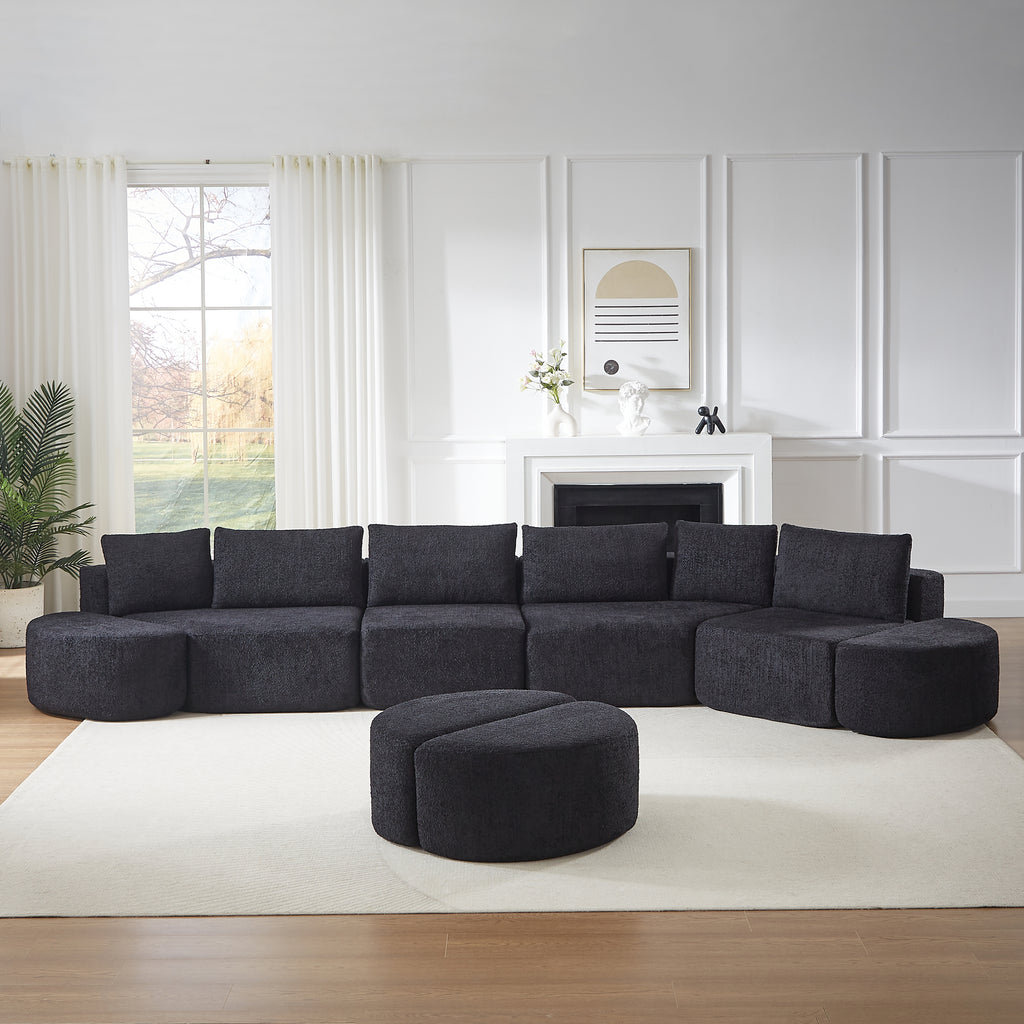 Modular sofa set in chenille fabric, featuring six decorative pillows and four curved footstools, perfectly suited for living rooms, bedrooms, and office spaces. Black