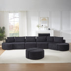 Modular sofa set in chenille fabric, featuring six decorative pillows and four curved footstools, perfectly suited for living rooms, bedrooms, and office spaces. Black