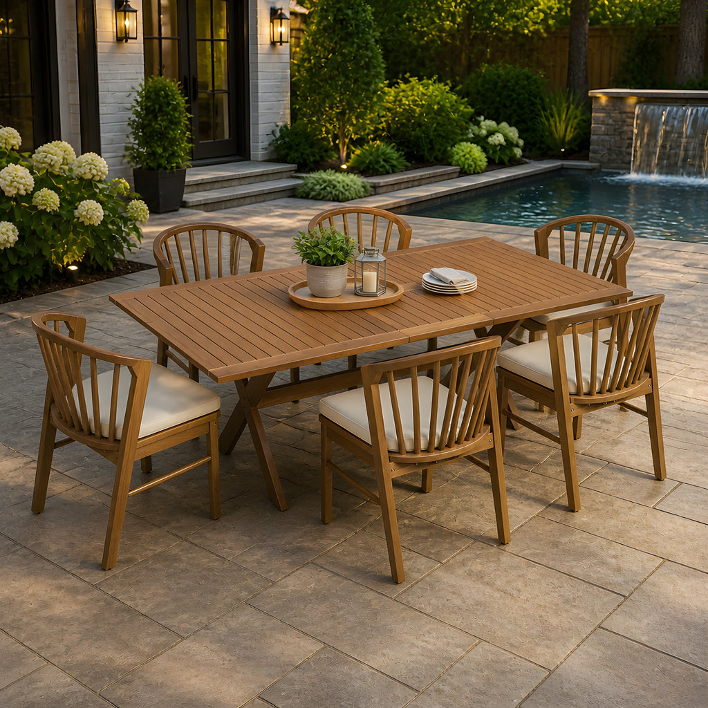 7 Pieces Acacia Wood Outdoor Dining Set s,Modern 6 Chairs  1 Large Table,Dining Furniture Set for Lawn, Backyard, Garden Deck,Poolside,Teak
