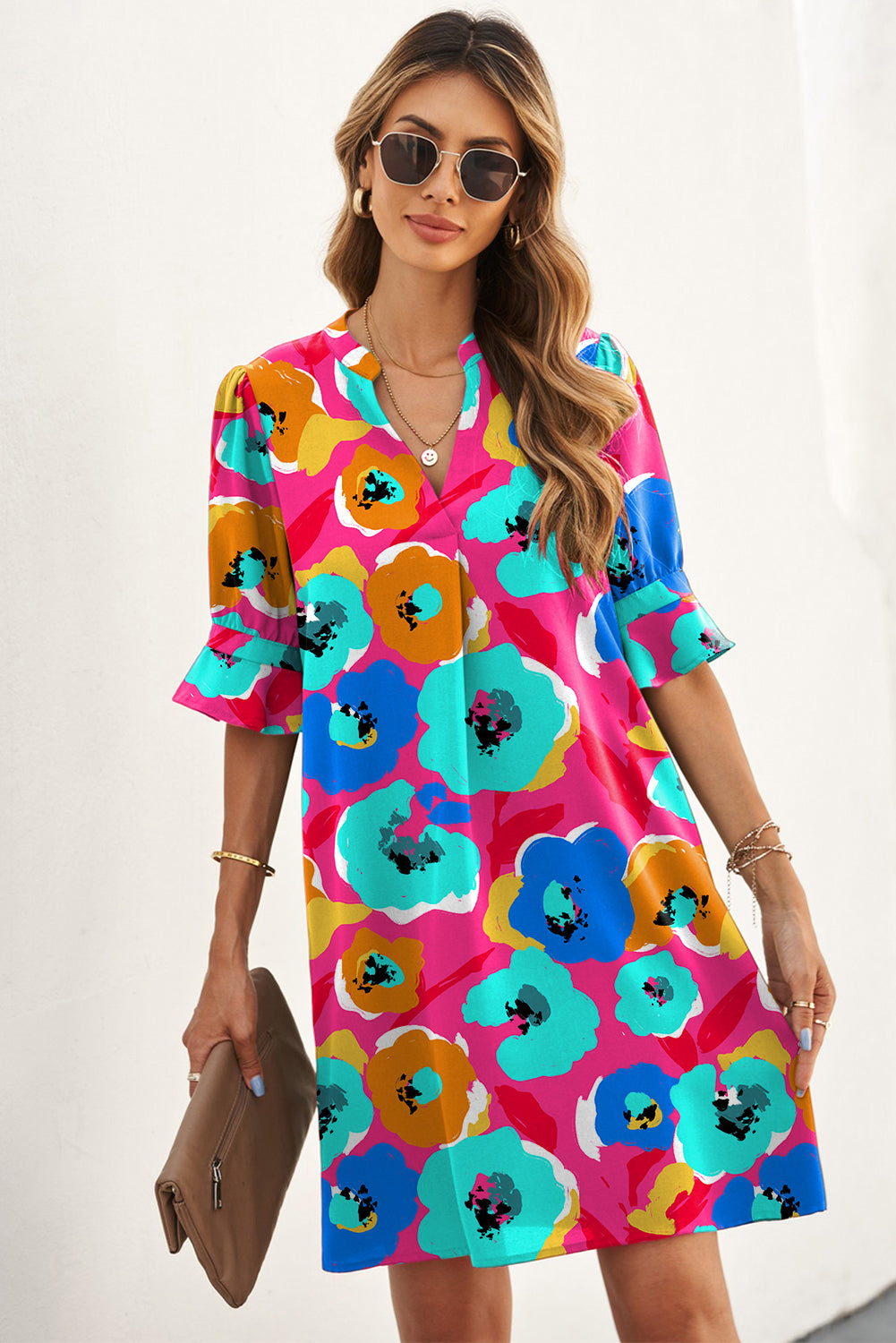 Multicolor Floral Print Mandarin Collar Short Sleeve Tunic Dress - Eloy Royal