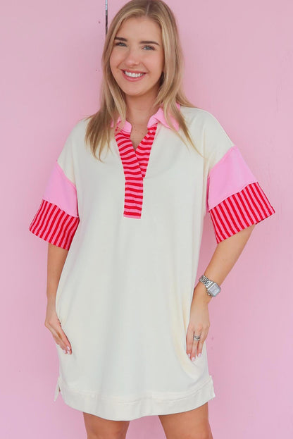 Pink Stripe Colorblock Sleeve Collared Mini Dress - Eloy Royal