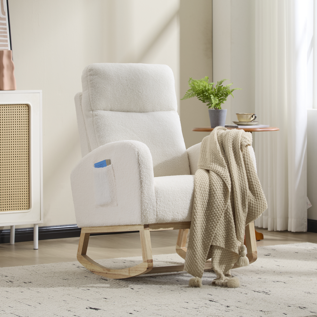 Modern High Backrest Teddy Fleece Breastfeeding Glider,Ergonomic Nursery Rocker w/ Curved Solid Wood Base & Side Pocket,Relieves Back Ache for New Moms Feeding,Postpartum Napping & Daily Loung,White.
