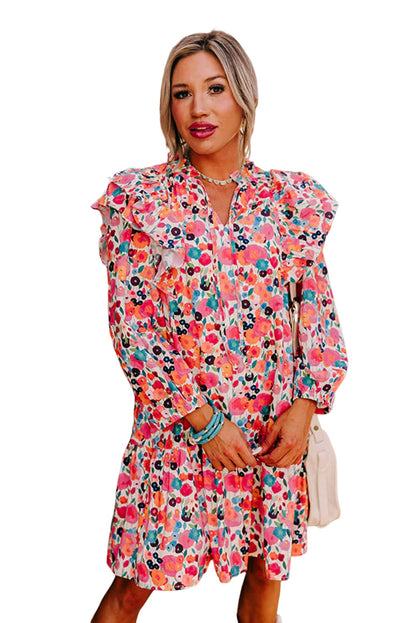 Multicolor Floral Print V Neck Ruffle Boho Mini Dress - Eloy Royal