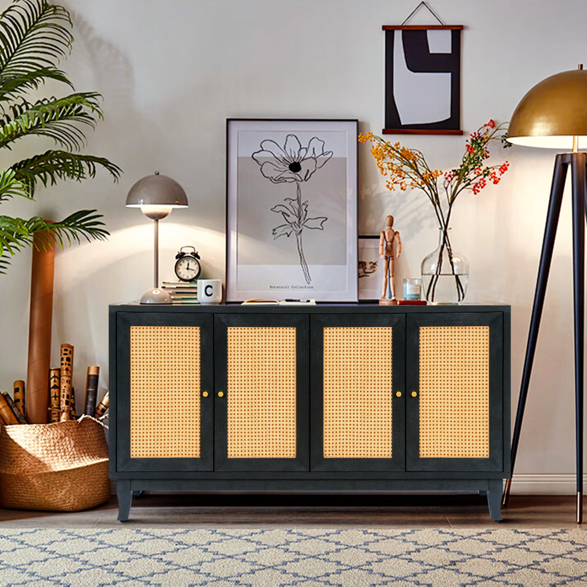 Kristoff Rattan Four-Door Sideboard, Dark Grey, 60 in