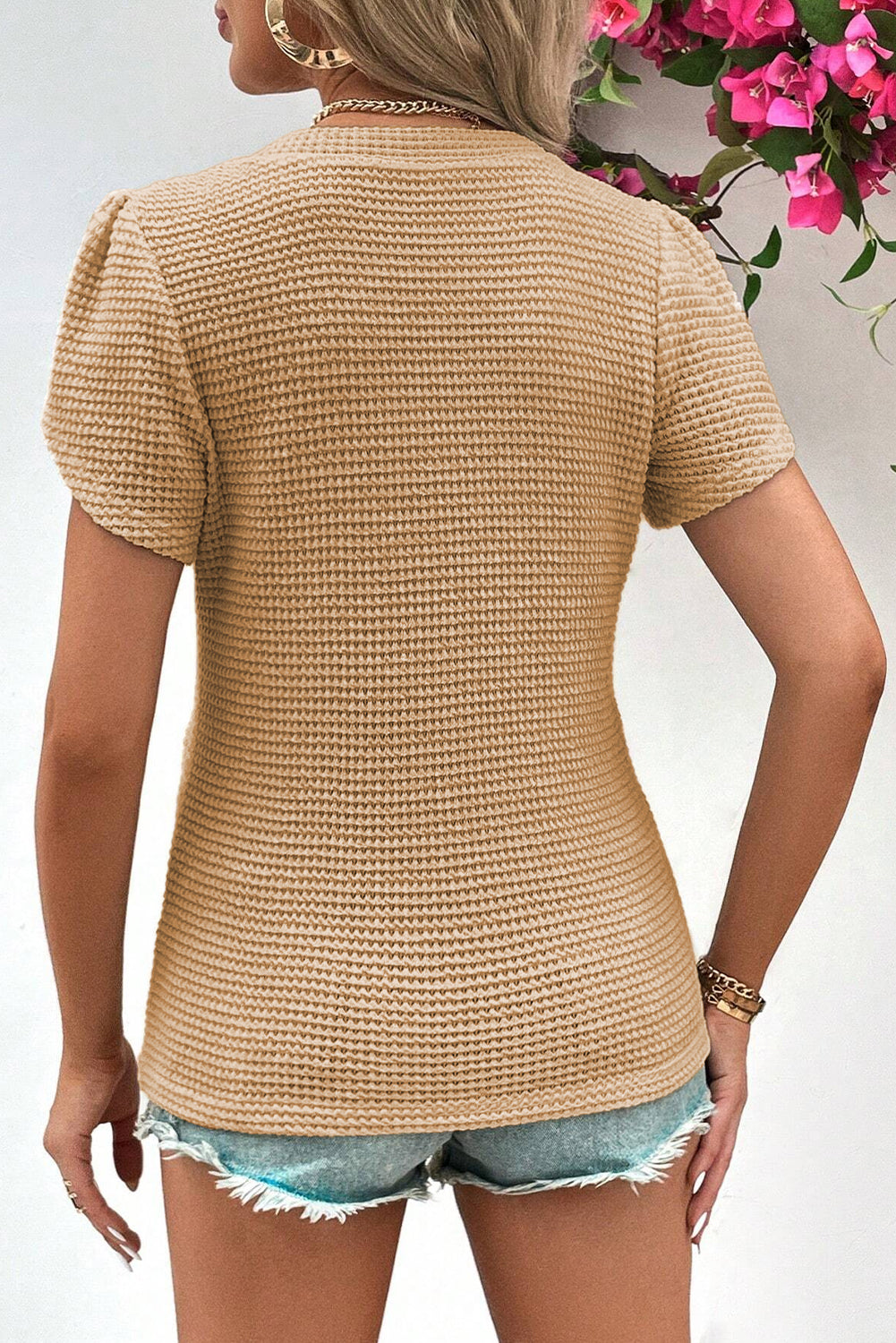 Mist Green Tulip Sleeve Waffle Knit V Neck T-Shirt - Eloy Royal