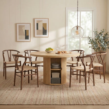 6-piece set of walnut color woven dining chairs, including a 47.2-inch round Roman column table with storage function, suitable for restaurants/wooden color