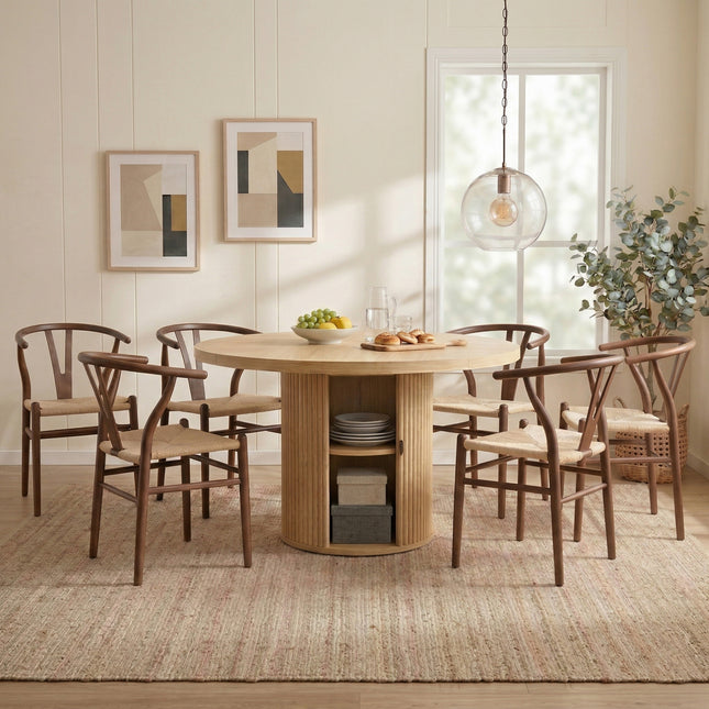 6-piece set of walnut color woven dining chairs, including a 47.2-inch round Roman column table with storage function, suitable for restaurants/wooden color