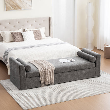 88.58' Wide Modern Bench, Bed End Bench with Armrests,Chenille Chaise Lounge Couch with 2 Bolster Pillows, Suitable For Living Rooms, Entryways, Dormitories, And Bedrooms.Gray