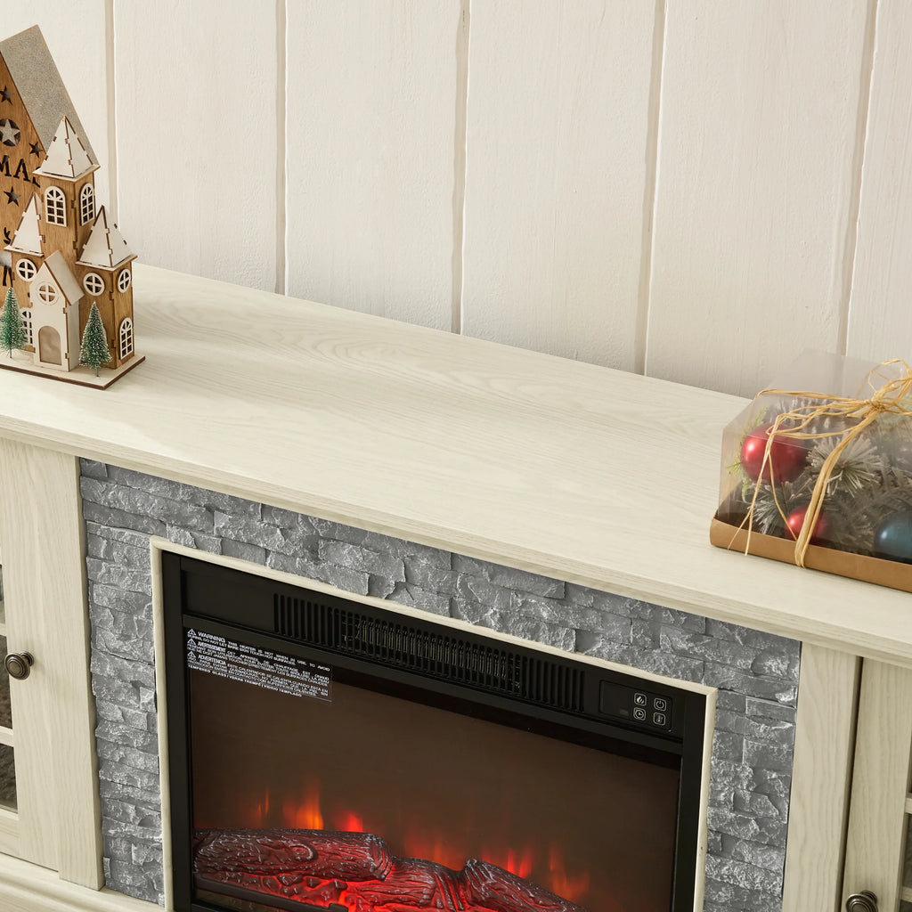 70' Modern TV Stand with 2-Door Storage & 23' Electric Fireplace, Faux Stone Media Console Cabinet, White Large Entertainment Center for Living Room - Eloy Royal