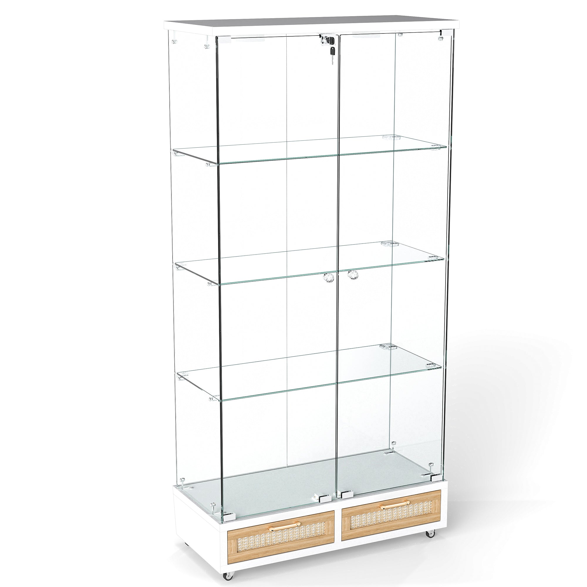 Modern Glass Display Cabinet with LED Lights, Tempered Glass Doors, Large Drawers, 2-Door Storage Case with 4 Shelves – Quick Assembly, White & Natural Finish