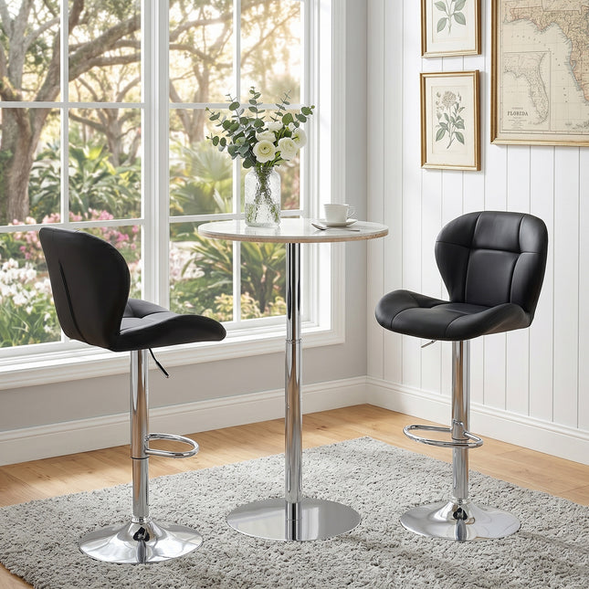 Adjustable Bar Table and Stools Set, Round Bar Height Table with Sintered Stone Top & 2 Black PU Leather Bar Stools with Padded Seat, Swivel Bistro Set for Small Spaces