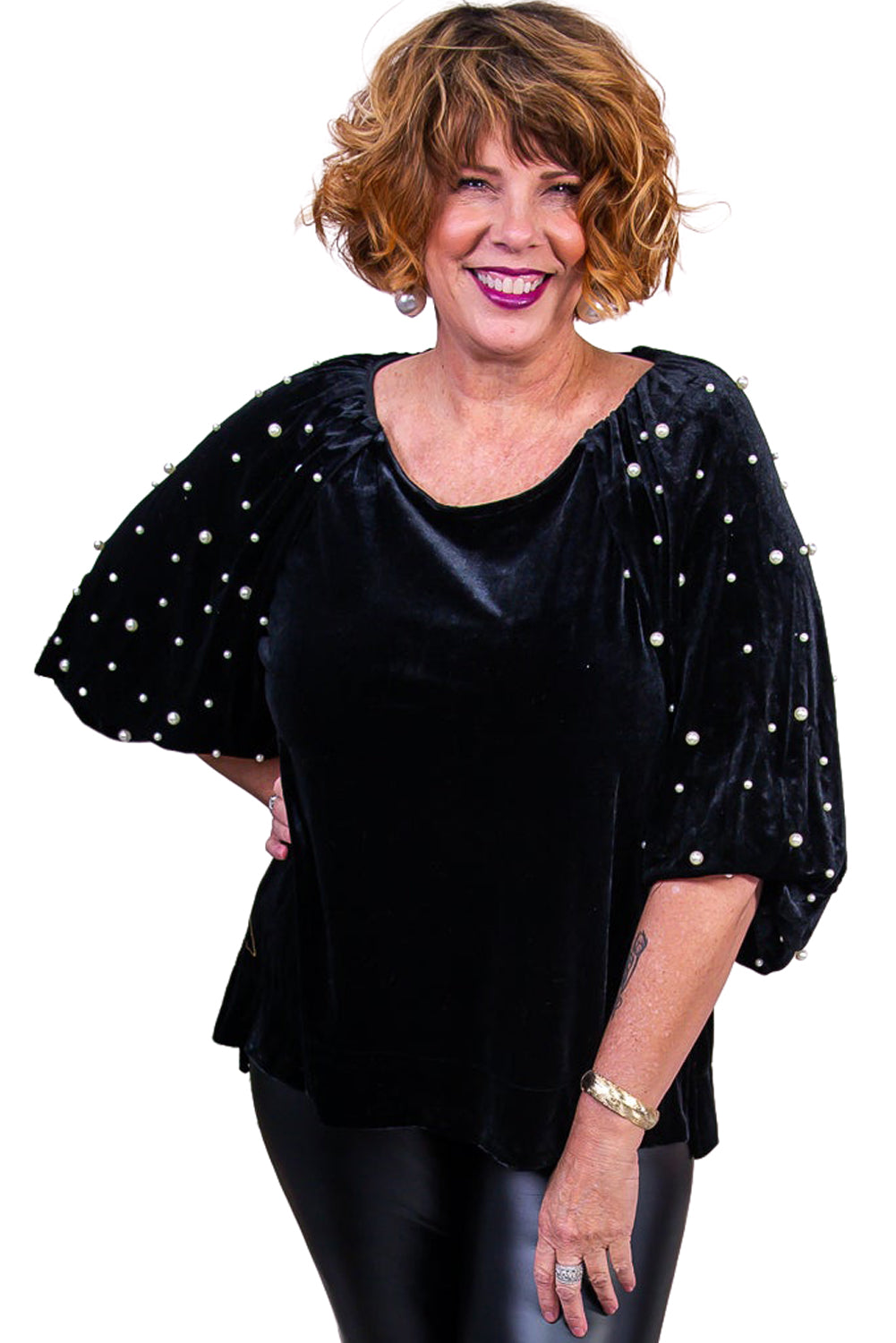 Black Pearl Embellished Puff Sleeve Velvet Plus Size Top - Eloy Royal