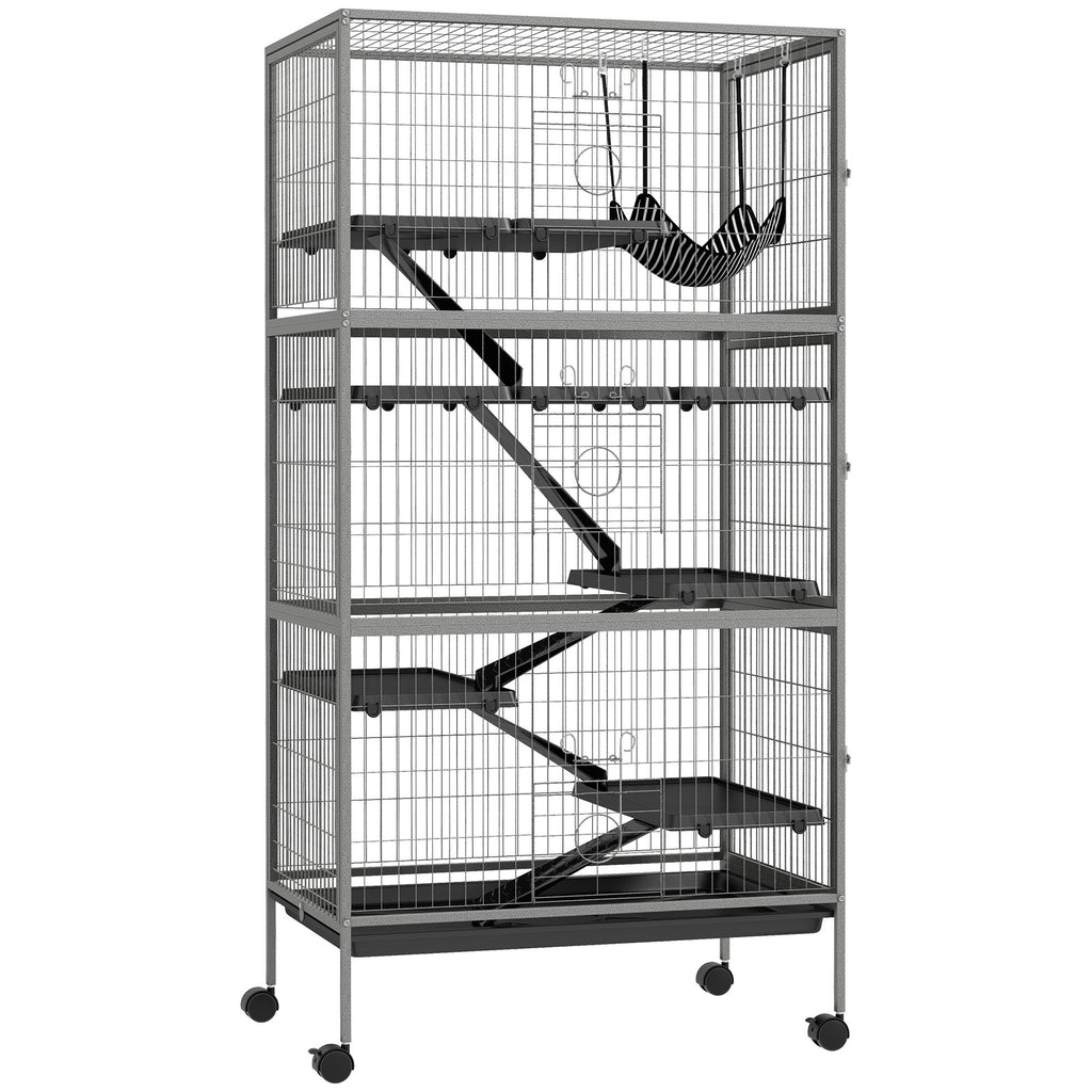 PawHut 63' 6-Tier Small Animal Cage, Ferret Cage, Large Chinchilla Cage with Hammock Accessory & Heavy-Duty Steel Wire, Small Animal Habitat with 6 Doors, Removable Tray, Gray