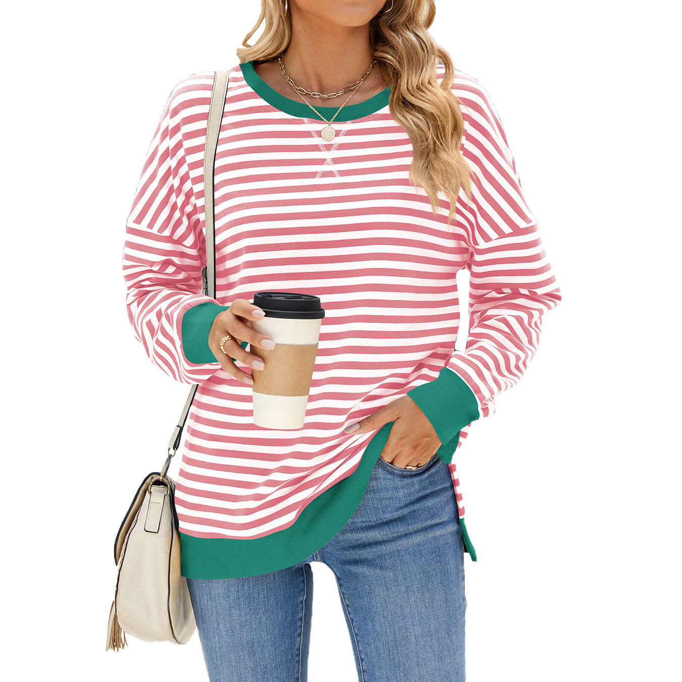 Mixed Color Striped Printed Split Design Long Sleeve T-Shirt Fashion Casual Round Neck Pullover Top Women's Clothing