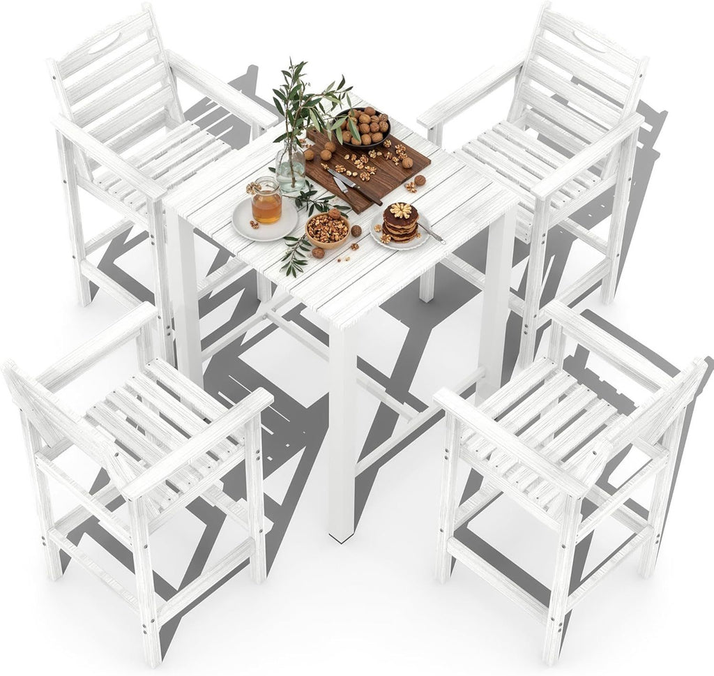 HDPE Adirondack Patio Table and Chairs Set of 5, Outdoor HDPE Patio Bar Set, All Weather Bar Chairs and Table Set for Patio, Balcony, Backyard, Poolside, White