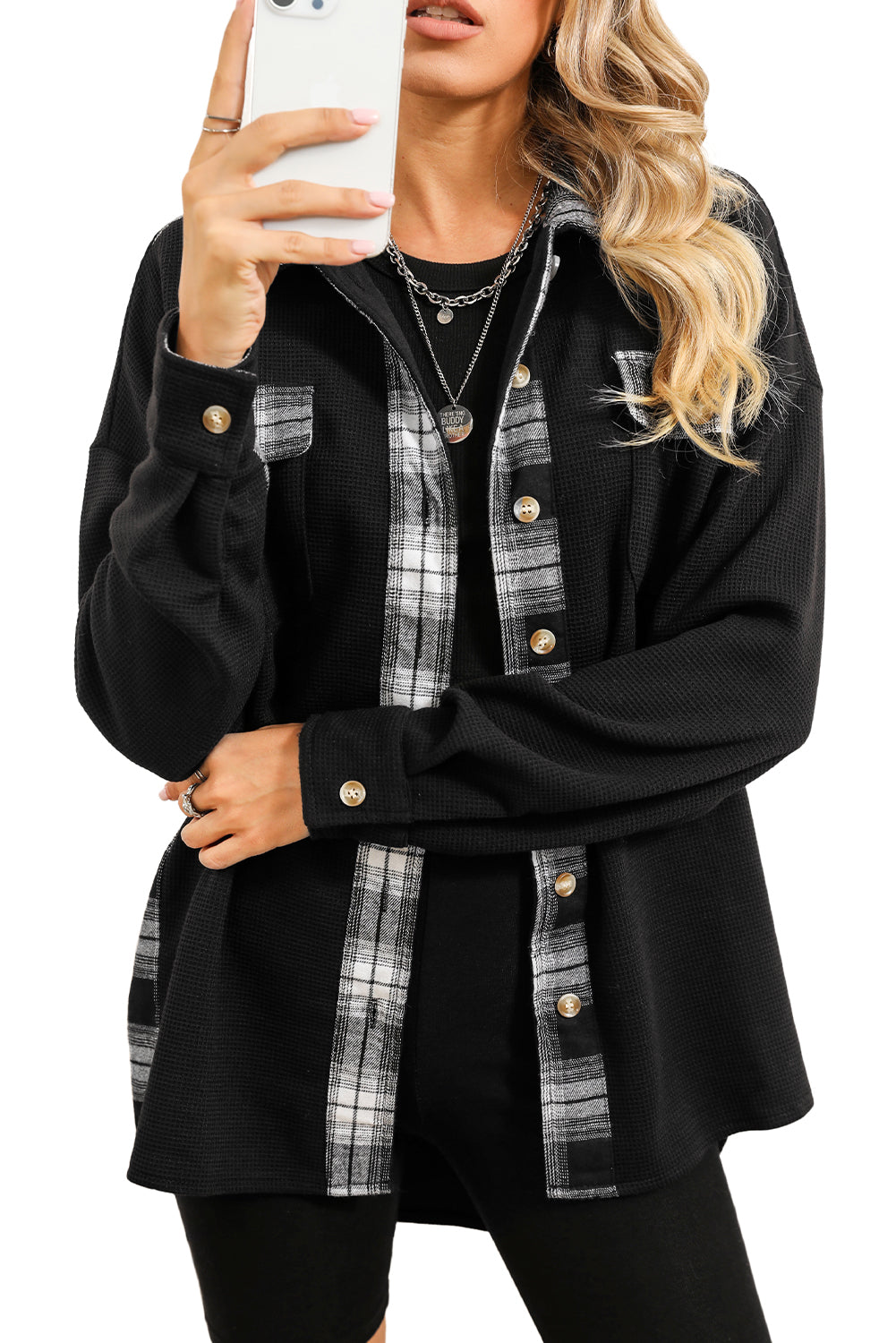 Wholesale Black Plaid and Thermal Waffle Patchwork Shacket - Eloy Royal