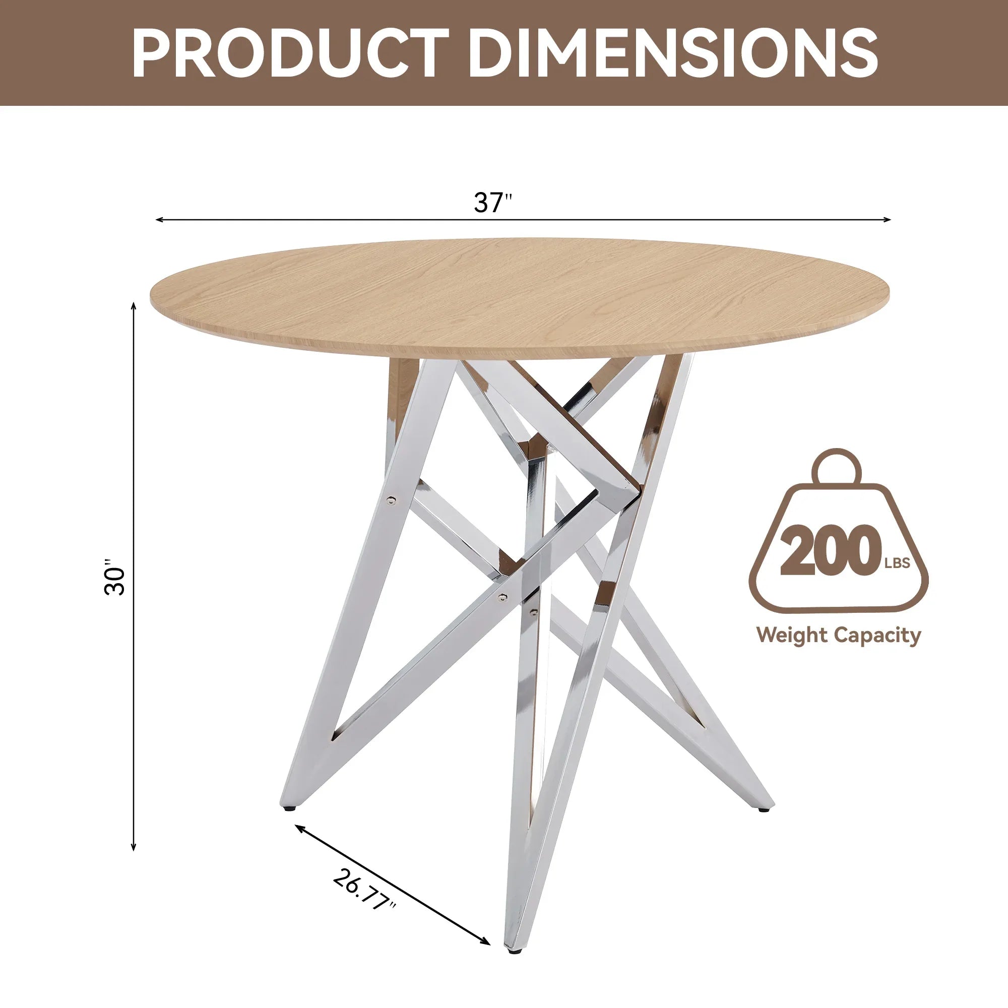 37Inch Round Dining Table, Small Round Kitchen Table With Silver Metal Legs, Suitable For 2 To 4 People, Modern Dining Room Table, Burlywood. - Eloy Royal