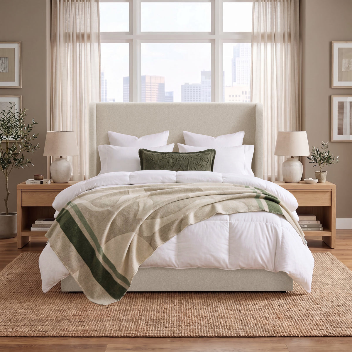 Carmen Tall Headboard Upholstered Bed / 52.3' High Headboard / Elegant Simplicity / No Box Spring Needed / Easy Assembly / King / Ivory Boucle