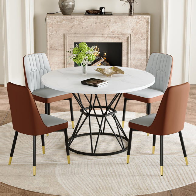 Table and chair set.A circular white MDF dining table with a diameter of 47.3 inches, black hourglass shaped metal brackets.Paired with 4 Brown and Light Gray Spliced Color PU Dining Chairs.