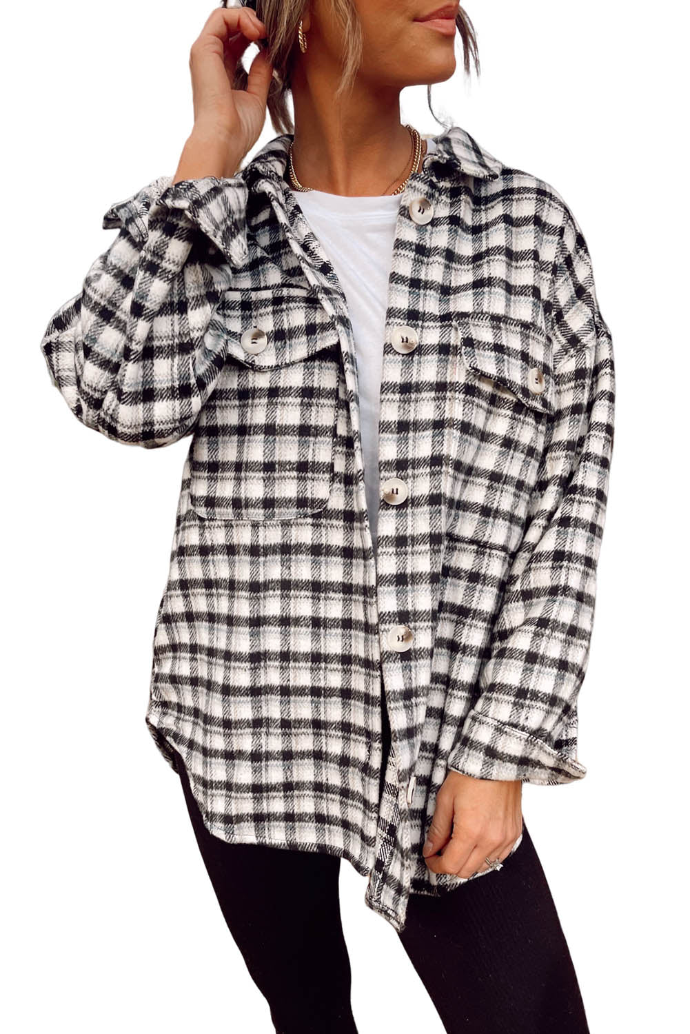 Wholesale Black Plaid Print Chest Pockets Buttoned Tunic Shacket - Eloy Royal