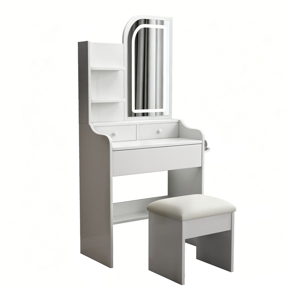 Modern Vanity Desk with Adjustable LED Lights, Mirror, Hair Dryer Holder & Chair in White MDF, 3-Drawer Storage Set
