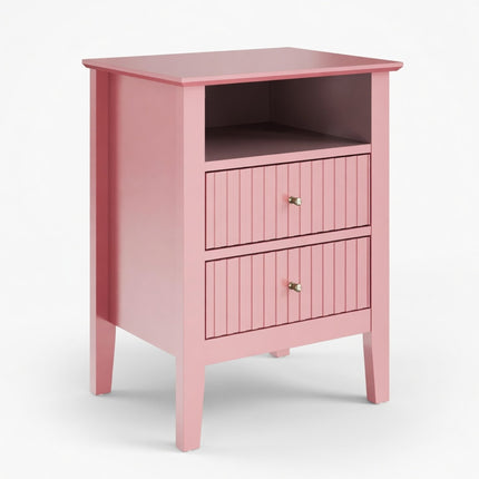 Pink Fluted Nightstand with 2 Drawers - Modern Bedroom Sofa Side Table in Matte Pink Finish with Gold Knobs, 18' W x 14' D x 23' H