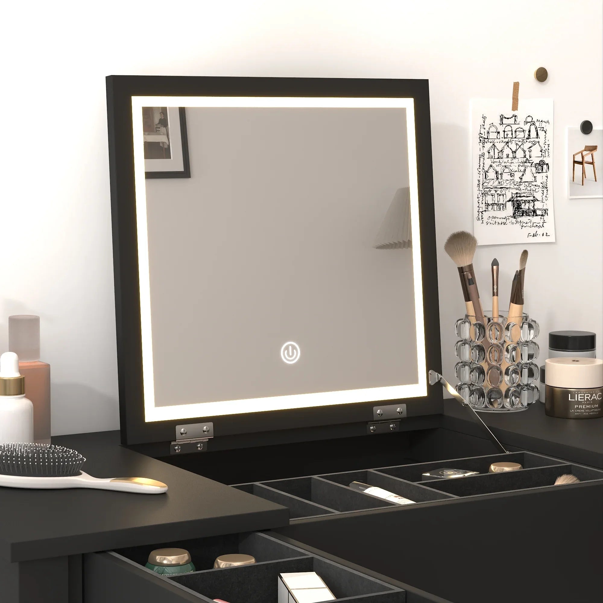 Makeup Vanity Desk with Mirror - 3-Level Adjustable LED Lighting, Flip-Top Storage 2 Drawers & 3 Removable Organizer Boxes, Multifunctional Compact Dressing Table for Bedroom, 15.75 Inch Width-Black - Eloy Royal